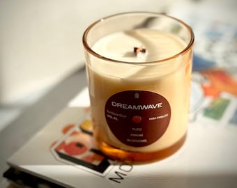 Dreamwave Hinoki Scented Candle: Dream Pop Inspired, 100% Coconut-Soy Wax, Woody Floral Scent