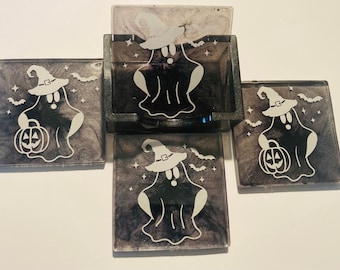 Halloween Resin Coaster Set of 4 with Matching Coaster Holder • Unique Halloween Coasters • Halloween • Coasters • Gray Ghosts