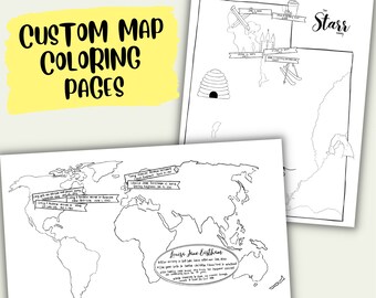 May include: A black and white printable coloring page featuring a world map with handwritten text and labels. The text includes "Louise Jane Eastham" and "Custom map featuring important locations and events."