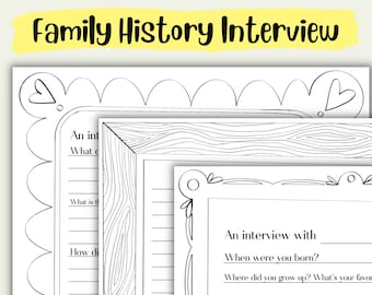 May include: Black and white printable family history interview worksheet with a woodgrain background and decorative borders. The worksheet includes questions such as "When were you born?" and "What are some of your favorite memories?"