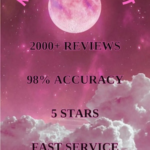 May include: A pink and white image with a large pink moon and the text "MOON SIREN TAROT" in a pink circle. The text "2000+ REVIEWS", "98% ACCURACY", "5 STARS", "FAST SERVICE", and "REPEATED CUSTOMERS" is also included in the image.