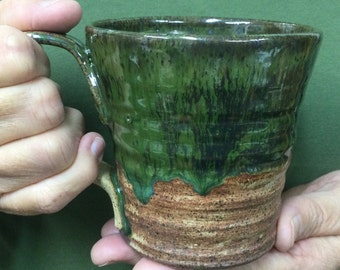 Coffee Mug, Tea Cup, Handmade Stoneware 14 oz., Molted Green and Satin Brown Color Southern Folk Art #2