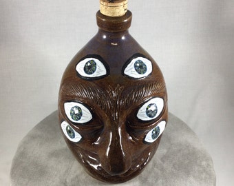 Face jug, Southern Folk Art, Ugly jug, Multi Eyed jug, Brown Jug, Blue Eyed jug