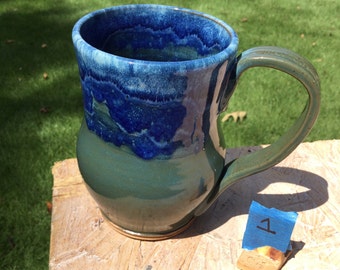 Coffee Mug, Tea Cup, Handmade Stoneware 16 oz., Blue and Green Southern Folk Art