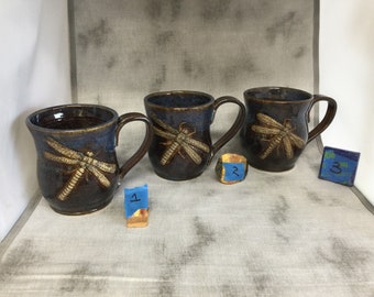 Blue,Brown Dragonfly Mug, Handmade Stoneware 16 oz., Southern Folk Art