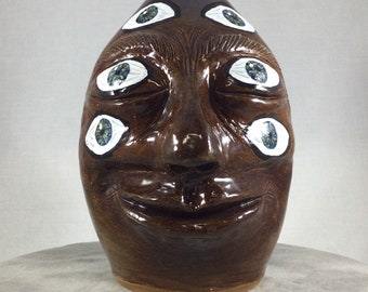Face jug, Southern Folk Art, Ugly jug, Multi Eyed jug, Brown Jug, Blue Eyed jug
