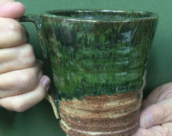 Coffee Mug, Tea Cup, Handmade Stoneware 15 oz., Molted Green and Satin Brown Color Southern Folk Art #1