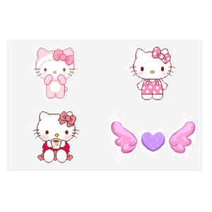 May include: Four pink Hello Kitty stickers. One sticker shows Hello Kitty wearing a pink dress with white polka dots. Another sticker shows Hello Kitty wearing a pink hooded sweater. A third sticker shows Hello Kitty holding a pink cup. The last sticker shows a pink heart with wings.