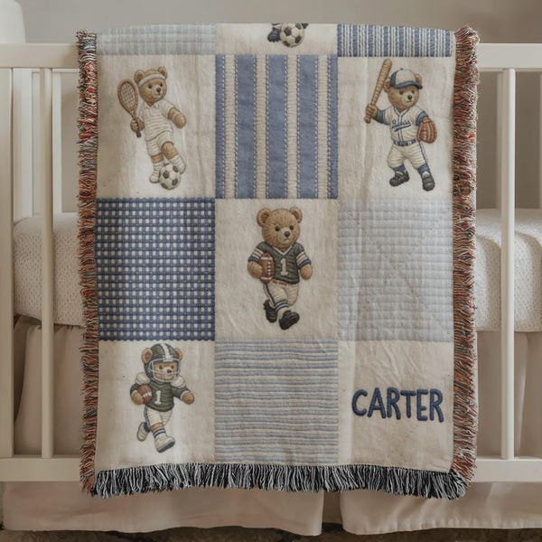 Personalized Teddy Bear Woven Blanket, Vintage Sports Bear Nursery Decor, Custom Name Baby Blanket, Classic Nursery Gift