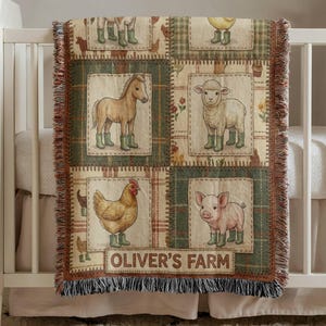 Personalized Farm Animal Baby Name Custom Woven Blanket Gift Idea For Baby Boy Newborn Baby Farm Animal Cotton Blanket with Name