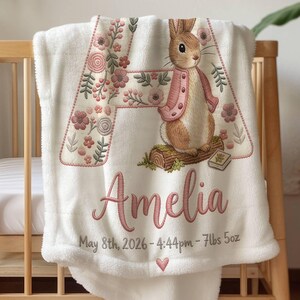 Personalized Birth Stats Baby Blanket, Custom Name & Initial Floral Bunny Blanket, Newborn Keepsake Gift, Soft Velveteen Throw, Baby Girl