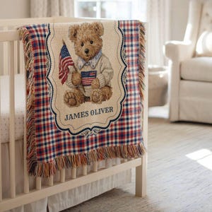 Personalized Teddy Bear Woven Blanket, Patriotic Boy Custom Baby Name Blanket, Baby Shower Gift, Preppy Plaid Nursery Throw, Heirloom Style