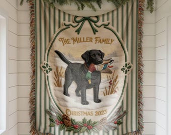 Manta navideña familiar personalizada / Manta tejida con nombre personalizado / Regalo de caza de patos Black Labrador / Manta navideña familiar / Regalo de Navidad