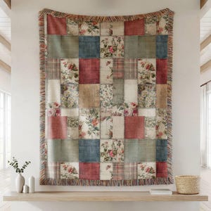 Vintage Floral Patchwork Woven Blanket, Cottagecore Rose Throw, English Garden Quilt Blanket, Grandmillennial Home Decor, Gift for Her