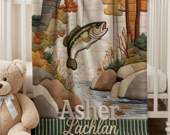 Manta personalizada para bebé con diseño de pesca de lubina, nombre personalizado para niño, manta de otoño con diseño de bosque y río, ideal para guardería o baby shower. Manta suave de terciopelo.