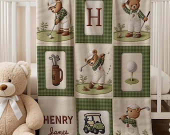 Manta personalizada para bebé niño con diseño de oso golfista, inicial con nombre personalizado, manta verde de retazos de golf, decoración para habitación infantil con temática de golf, regalo para baby shower, manta de terciopelo.