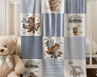 Manta personalizada de bebé con diseño de oso aviador, manta personalizada para niño con nombre, decoración de guardería con temática de aviones, regalo para baby shower, manta suave de terciopelo con diseño de retazos.