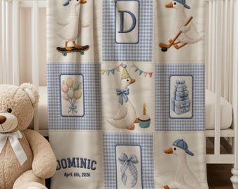 Manta de bebé personalizada con diseño de ganso para cumpleaños, nombre y fecha de nacimiento personalizados, manta azul a cuadros, decoración para la habitación del bebé, regalo para baby shower, manta de terciopelo.