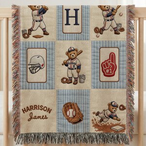 Personalized Baseball Baby Boy Blanket Woven Throw | Custom Name & Initial | Vintage Teddy Bear Patchwork Nursery | Baby Shower Keepsake