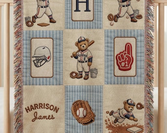 Manta tejida personalizada para bebé niño con temática de béisbol / Nombre e inicial personalizados / Diseño vintage de osito de peluche para la habitación del bebé / Recuerdo para baby shower