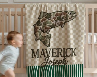 Personalized Fishing Baby Blanket | Custom Name Velveteen Throw | Bass Fish Checkered Nursery Blanket Baby Boy Shower Gift Fishing Dad Baby