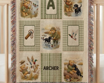 Personalized Teddy Bear & Mallard Duck Baby Blanket, Custom Name Woven Throw, Hunting Nursery Decor, Newborn Boy Receiving Blanket