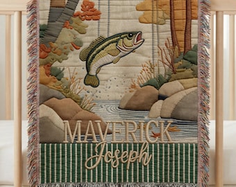 Personalized Fishing Baby Blanket Boy | Custom Name Woven Throw | Bass Fish Nursery Decor | Outdoors Baby Boy Gift | Baby Shower Gift