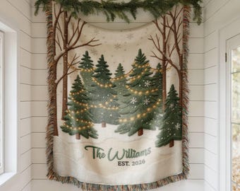 Manta navideña personalizada para la familia, regalo de Navidad, manta con el nombre de la familia para Navidad, manta navideña tejida, decoración navideña para la familia.