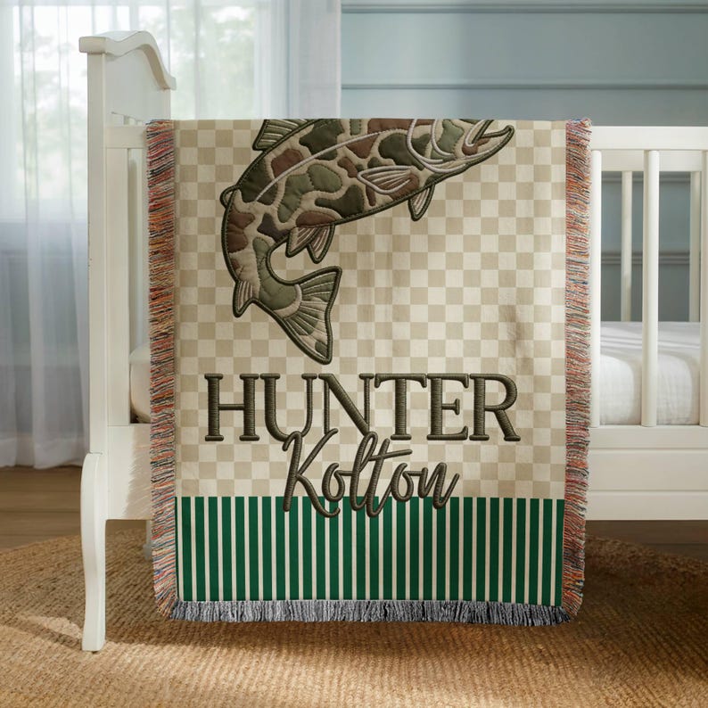 Custom Camo Fishing Hunting Blanket for Boys, Personalized Baby Fish Woven Throw, Baby Name Tapestry Nursery Decor Trout fish blanket