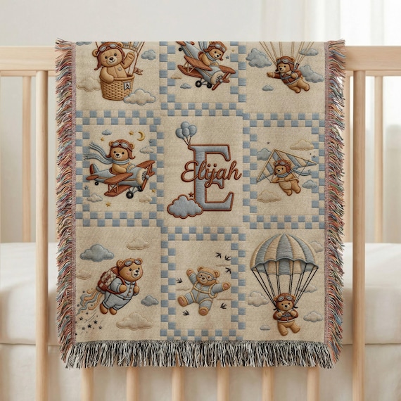 Personalized Baby Boy Woven Throw Blanket | Custom Name & Initial | Teddy Bear Aviator | Baby Shower Gift | Nursery Decor Fringe Blanket