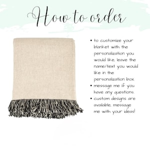 May include: A folded beige blanket with a black fringe at the bottom. The text "How to order" is at the top, with instructions on how to customize the blanket. The blanket is rectangular and appears soft.
