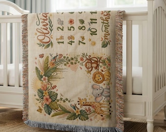 Personalized Safari Jungle Baby Milestone Blanket Wild Animals Monthly Photo Prop Custom Baby Shower Gift  Woven Blanket Boy Neutral