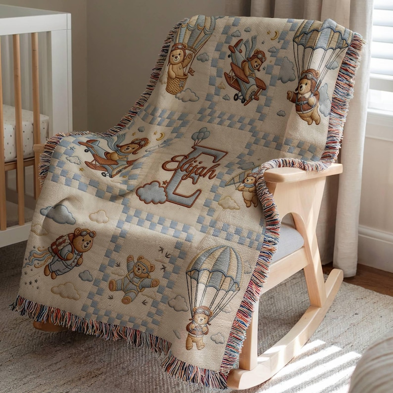 Personalized Baby Boy Woven Throw Blanket | Custom Name & Initial | Teddy Bear Aviator | Baby Shower Gift | Nursery Decor Fringe Blanket image 2