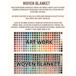 May include: A woven blanket product information graphic featuring the text WOVEN BLANKET, ART WORK, and descriptive paragraphs about 100% cotton yarn construction. It displays two grids of multi-colored square swatches in red, blue, green, gold, white, and black.