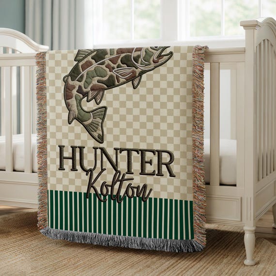 Custom Camo Fishing Hunting Blanket for Boys, Personalized Baby Fish Woven Throw, Baby Name Tapestry Nursery Decor Trout fish blanket