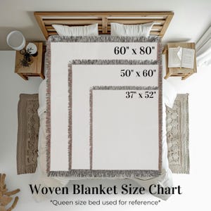 May include: A woven blanket size chart displays three rectangular blankets with dimensions of 60" x 80", 50" x 60", and 37" x 52". The blankets are white with fringed edges and are laid out on a bed. The text "Woven Blanket Size Chart" is at the bottom.