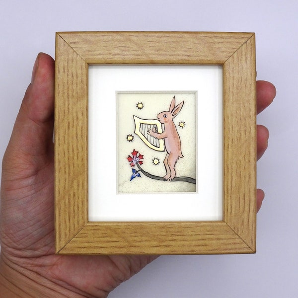 Medieval Hare with harp, handmade Illuminated miniature, hand painted illumination, Manuscript, traditional, original, gilding