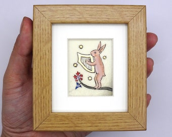 Medieval Hare with harp, handmade Illuminated miniature, hand painted illumination, Manuscript, traditional, original, gilding
