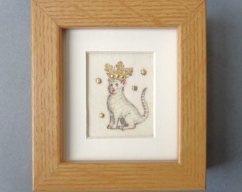 Medieval King Cat: handmade Illuminated manuscript miniature, painting, Manuscript, traditional, original, gilding, funny middle age, crown