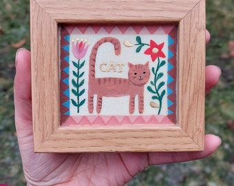 Handmade Miniature Cat Painting, Medieval Folk Art, 24K Gold Gilding