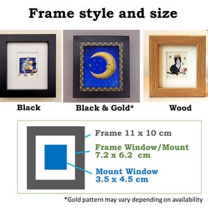 May include: Three different frame styles for artwork: black, black with gold trim, and wood. The frames are all square and have a white mat. The black frame is 11 inches by 10 inches, the black and gold frame is 7.2 inches by 6.2 inches, and the wood frame is 3.5 inches by 4.5 inches. The text "Frame style and size" is at the top of the image.