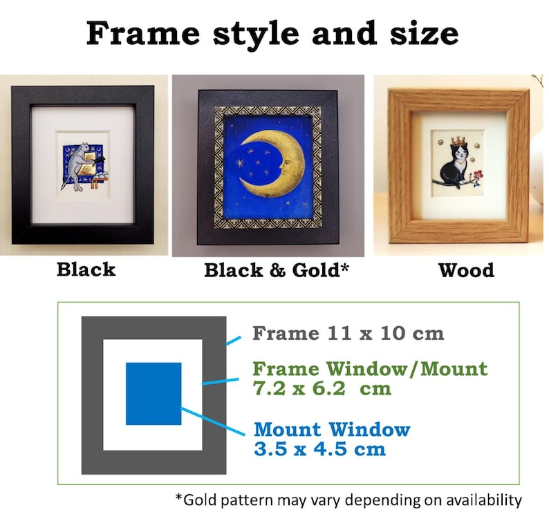 May include: Three different frame styles for artwork: black, black with gold trim, and wood. The frames are all square and have a white mat. The black frame is 11 inches by 10 inches, the black and gold frame is 7.2 inches by 6.2 inches, and the wood frame is 3.5 inches by 4.5 inches. The text "Frame style and size" is at the top of the image.
