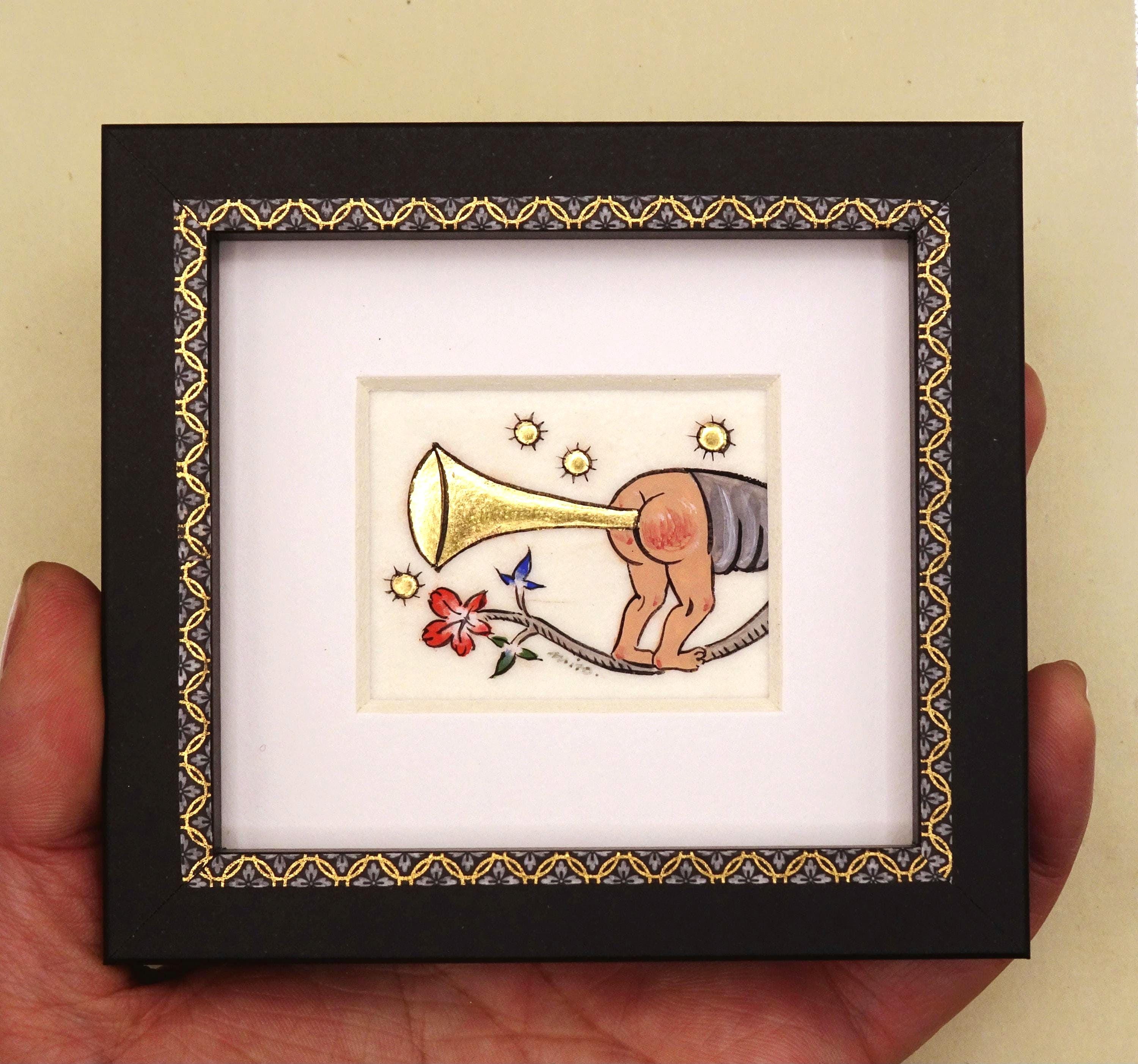 Medieval Butt Trumpet, Original Handmade Miniature Painting