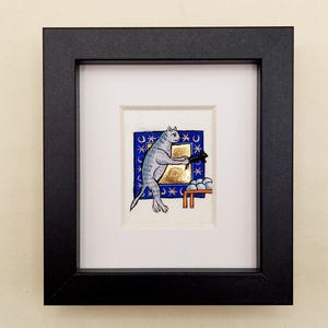 Middeleeuwse kat met muis, origineel handgemaakt miniatuurschilderij, verlichting, manuscript, traditioneel, vergulding, surrealisme, cadeau. Bodleian MS