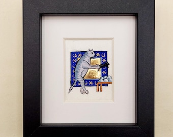 Medieval Cat Painting, Illuminated Manuscript Art, 24ct Gold Gilding, Framed