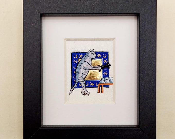 Medieval Cat Painting, Illuminated Manuscript Art, 24ct Gold Gilding, Framed