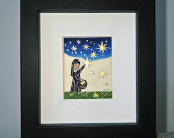 Medieval Nun collecting the stars, handmade miniature painting, illumination, Manuscript, traditional, surrealism, gift