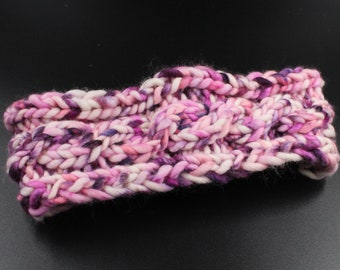 Handmade Hand Knit Blueberry Cream Merino Wool Cable Knit Ear Warmer