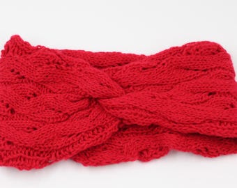 Handmade Hand Knit Gerbera Red Glacier Cashmere Ear Warmer Headband