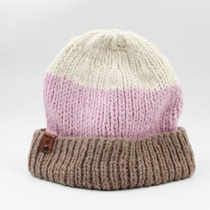 Handmade Hand Knit Beige Powder Pink Off White Wool Alpaca Chunky Ribbed Knit Beanie Hat